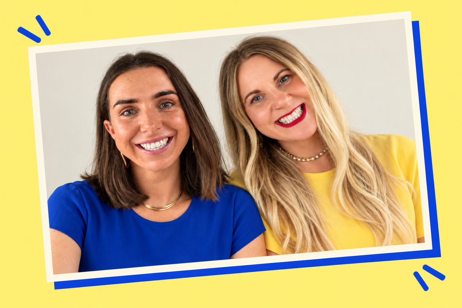 Joy and Steph together in a playful blue and cream frame